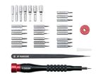 A set of precision screwdriver bits, including Torx, Phillips, Pozidriv, and flathead, with a handle and tweezers.