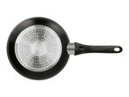 Bottom view of a black frying pan with a silver-colored induction base and handle.