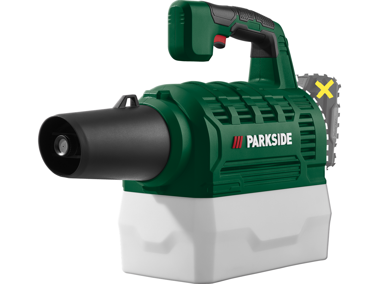 Pulverizator cu baterie verde și alb cu mâner negru și roșu