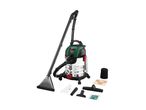 A Bosch wet/dry vacuum cleaner with various attachments is shown.