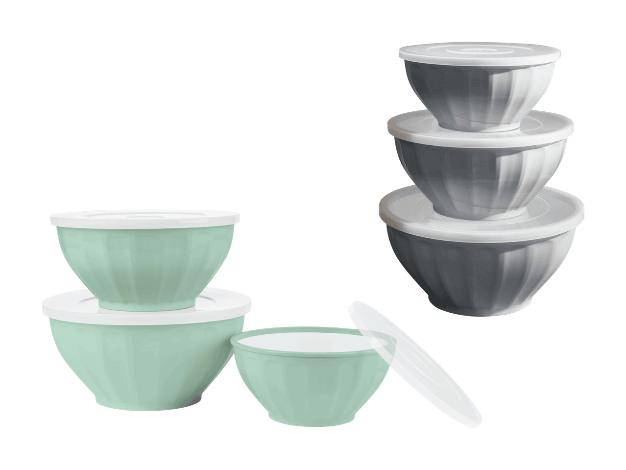 Ensemble de bols de cuisine empilables vert menthe et gris avec couvercles blancs.
