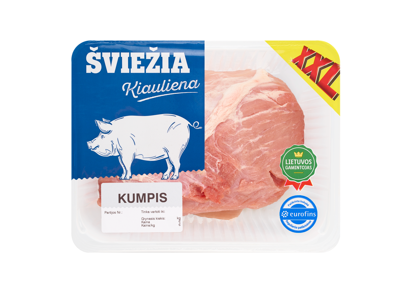 Šviežias kiaulienos kumpis su „Lietuvos gamintojas“ ir „Eurofins“ ženklais.