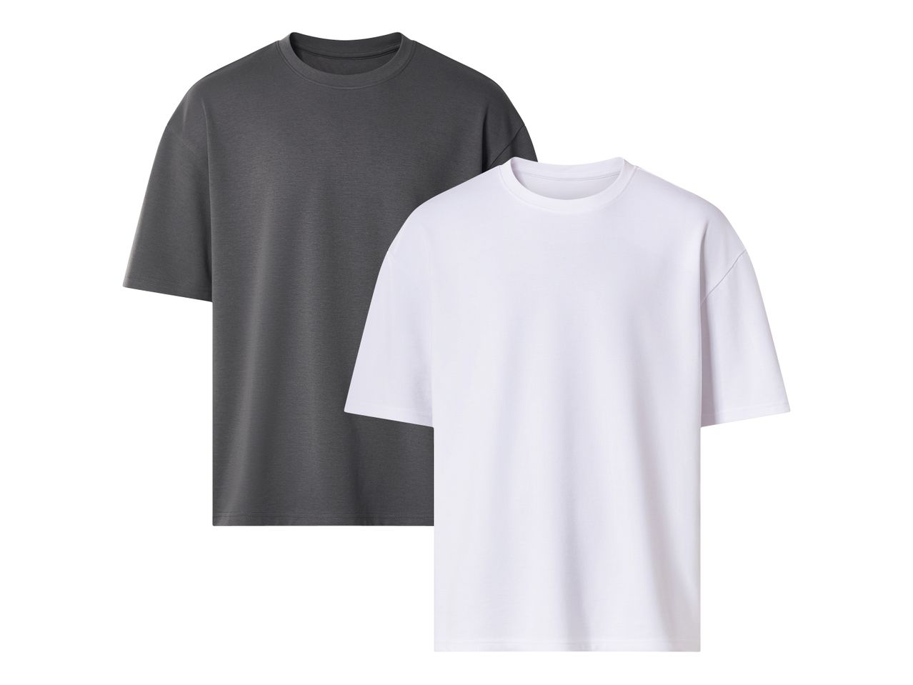 Zwei schlichte T-Shirts, eines in Dunkelgrau und eines in Weiß, übereinanderliegend.