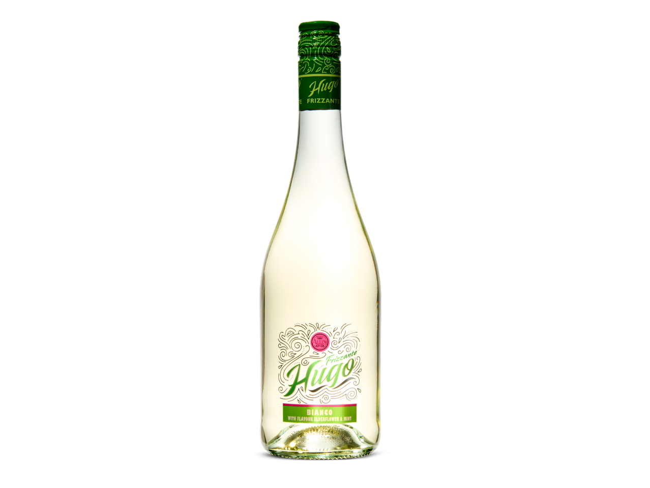 Hugo Bianco frizzante: een fles Hugo-wijn met vlierbloesem en munt.