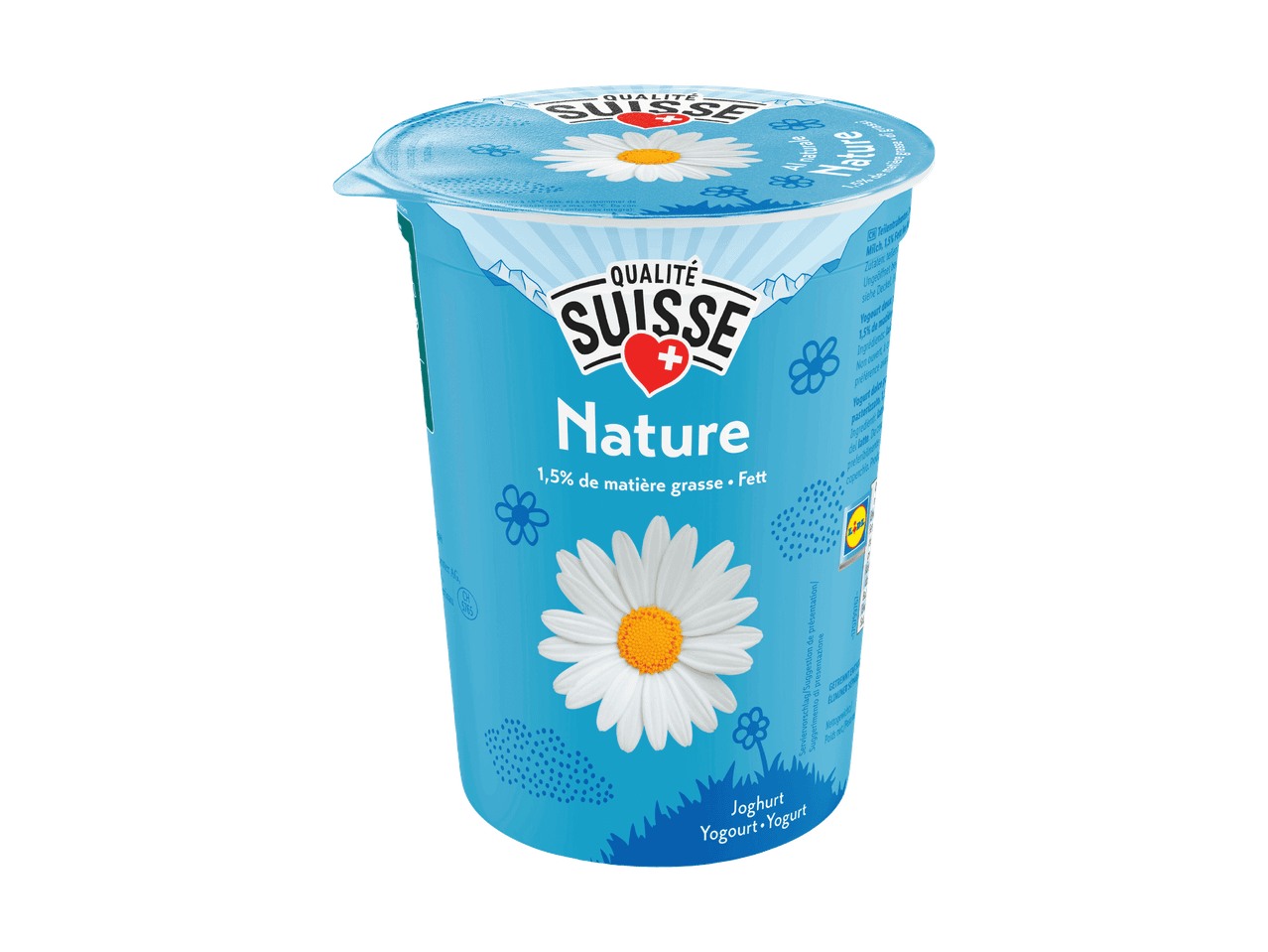 Naturjoghurtbecher mit 1,5% Fett, verziert mit Gänseblümchen und Bergen.