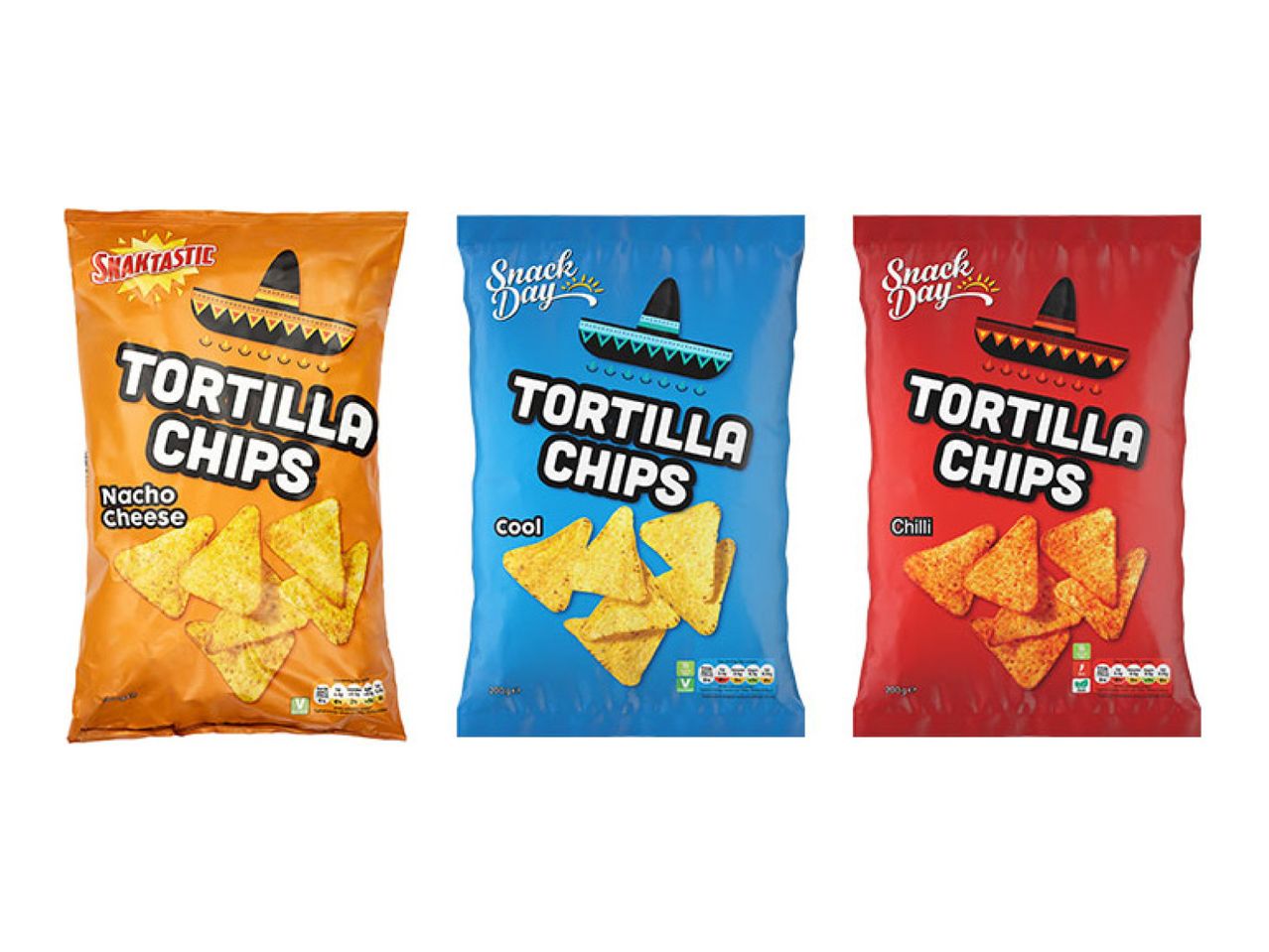Three bags of tortilla chips: Nacho Cheese (orange), Cool (blue), and Chilli (red), all featuring a sombrero graphic.