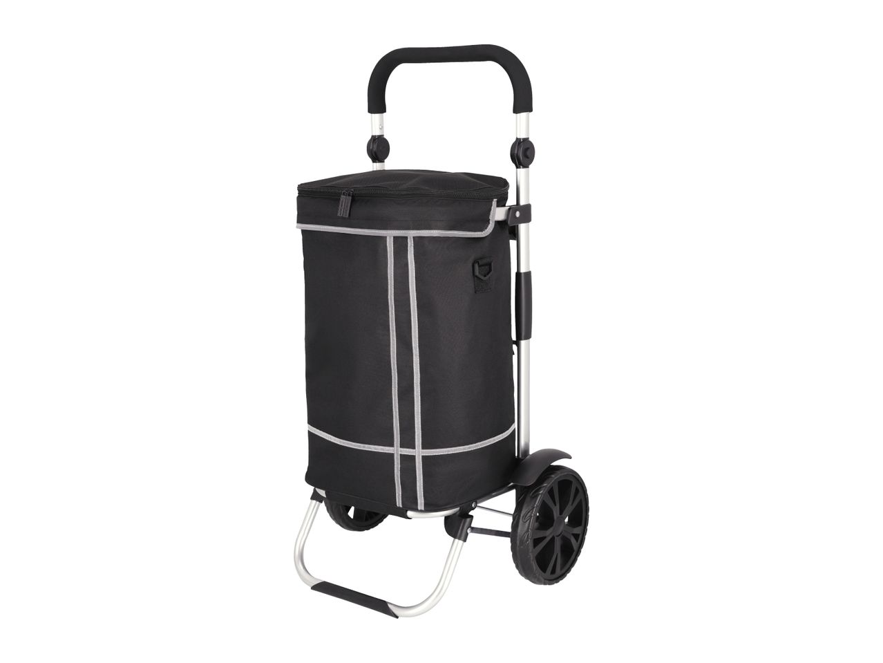 Black shopping trolley with reflective strips and large wheels