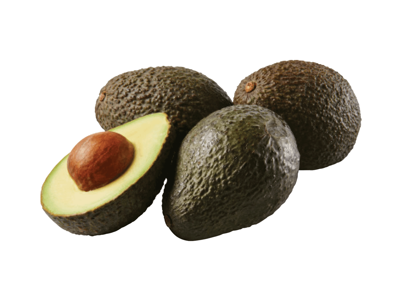 Kolm avokaadot, millest üks on poolitatud ja seemnega.