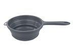 A gray silicone collapsible colander with a handle.