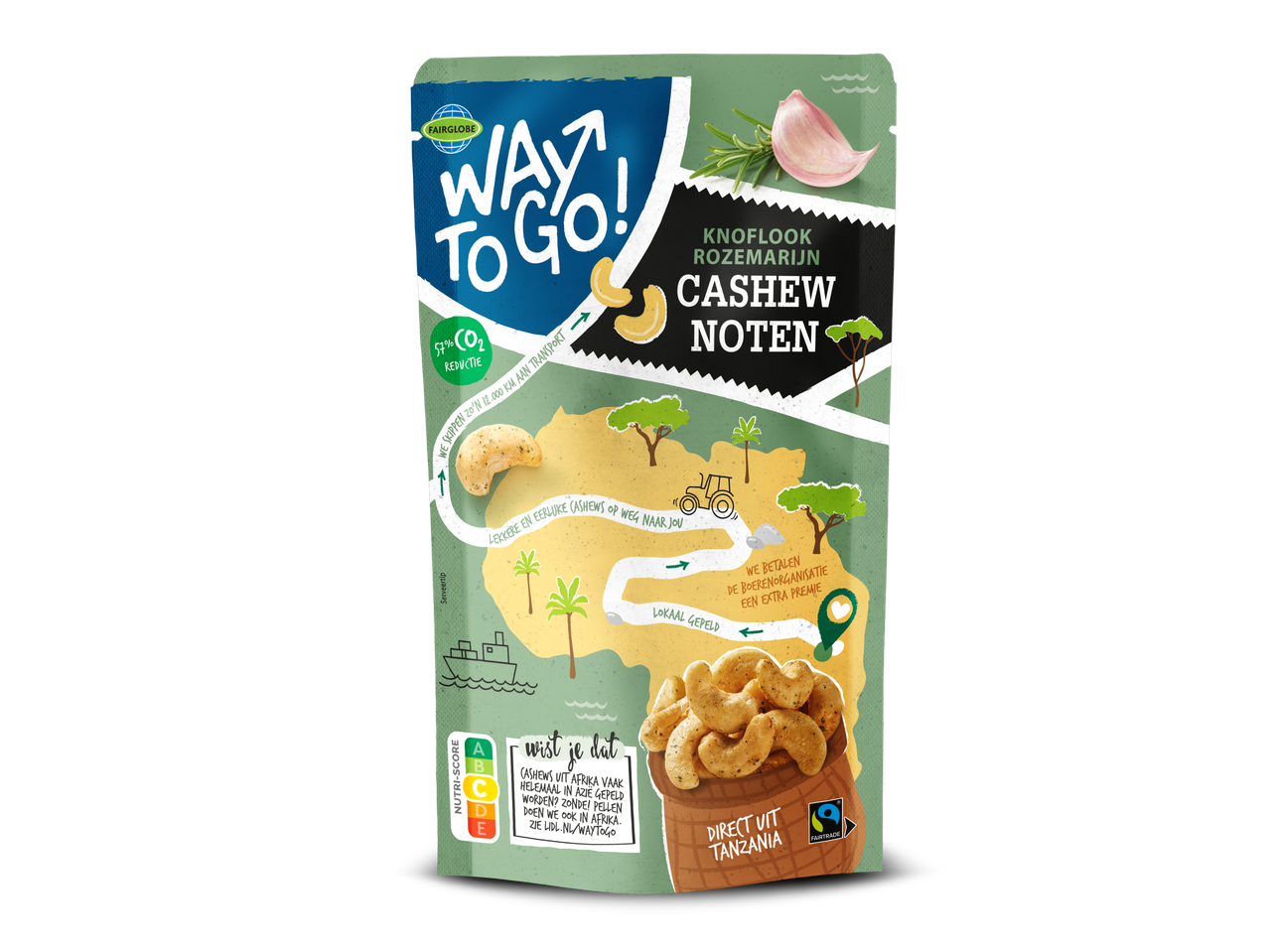 Way To Go! cashewnoten met knoflook- en rozemarijnsmaak, merk Fairglobe.