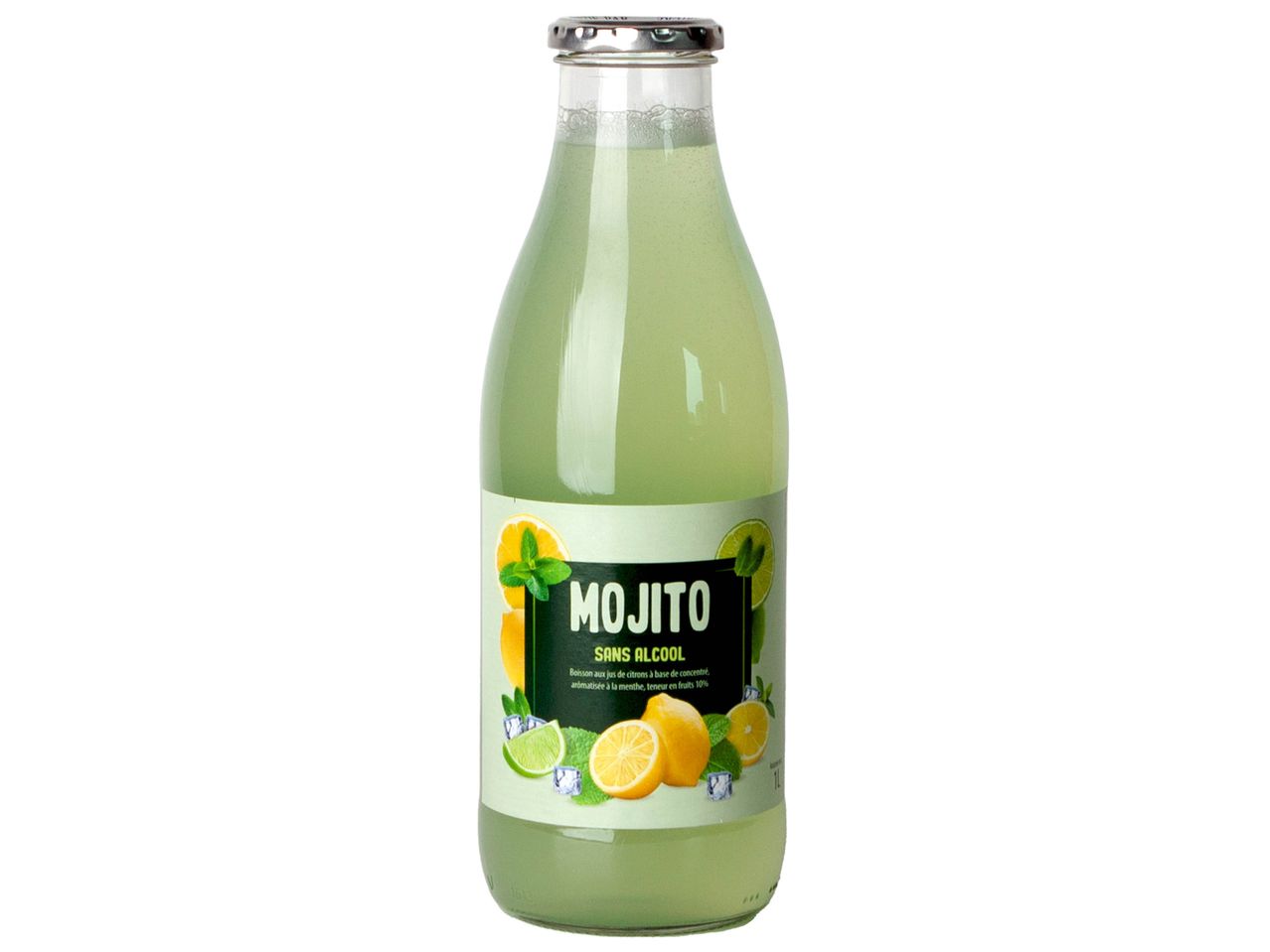 Bouteille de Mojito sans alcool, boisson aux jus de citrons aromatisée à la menthe.