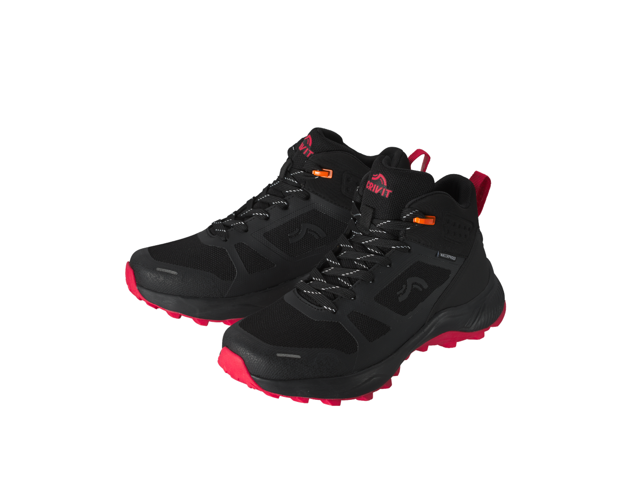 Черни туристически обувки с червени подметки и акценти, водоустойчиви.