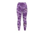 Purple patterned women's sports leggings with a high waist.