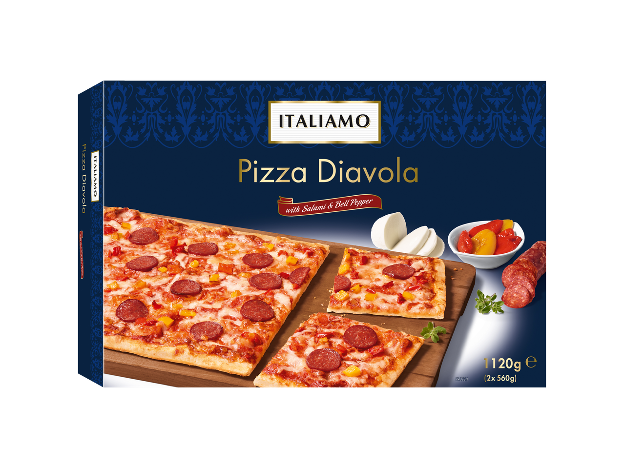 Pizza Diavola Italiamo: pizza congelada com salami e pimentão.