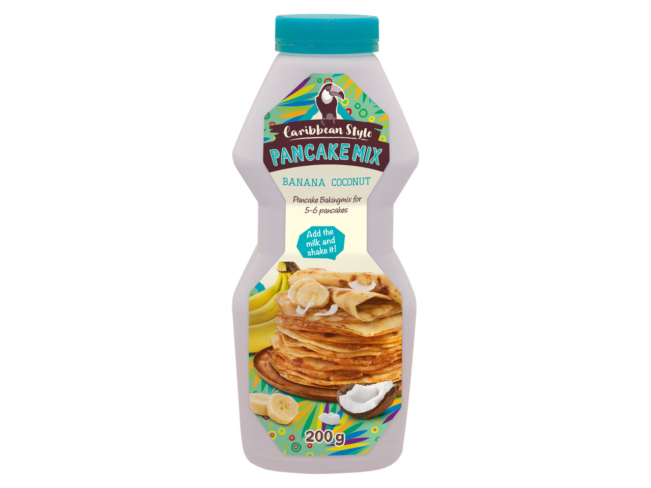 Mistura para panquecas de banana e coco, estilo caribenho.