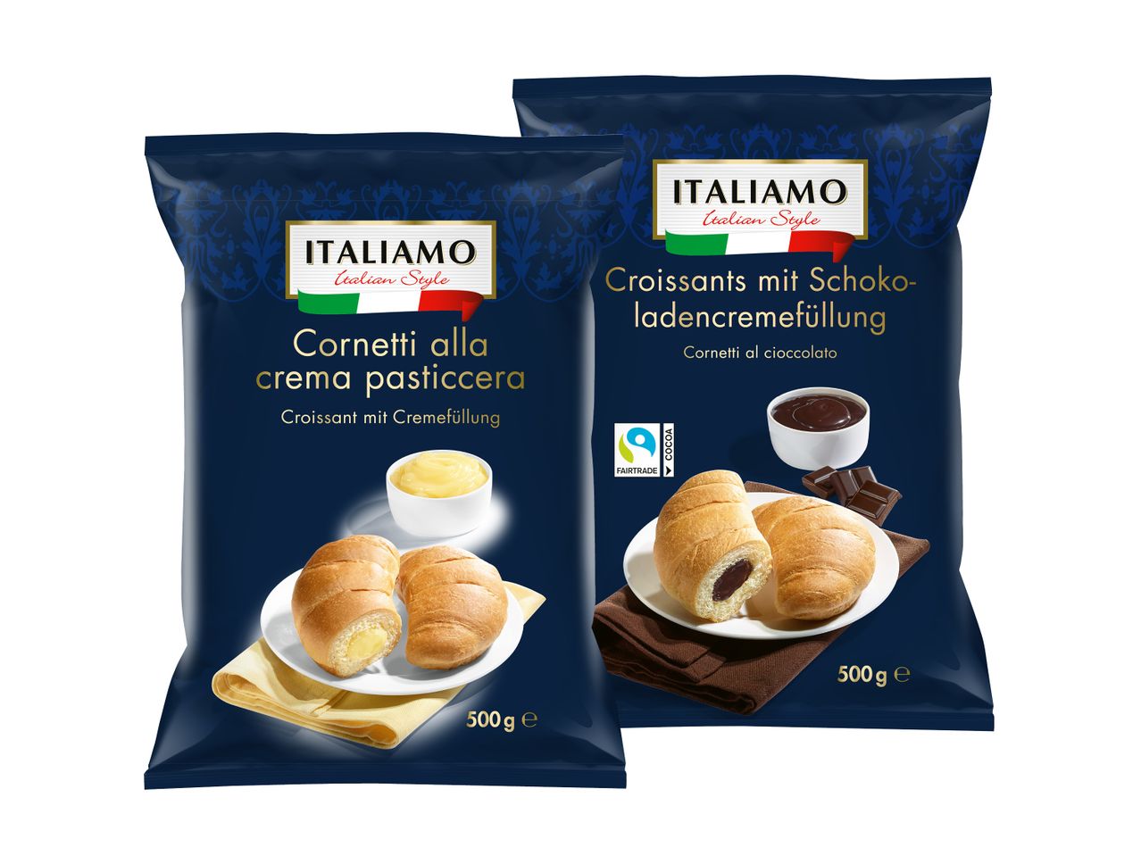 Zwei Packungen tiefgekühlter Italimo Croissants, eine mit Butter, eine mit Schokolade.