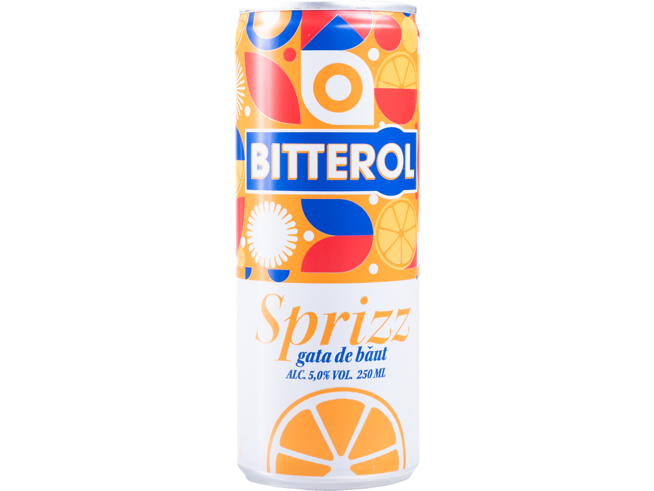 Doză BITTEROL Sprizz Cocktail cu design portocaliu, alb și albastru