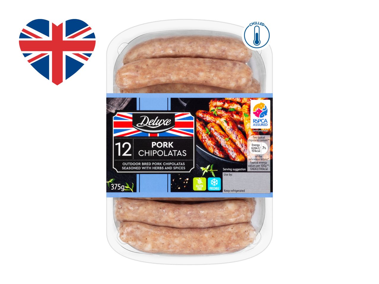 A pack of 12 chilled pork chipolatas, seasoned with herbs and spices, with a Union Jack heart icon.