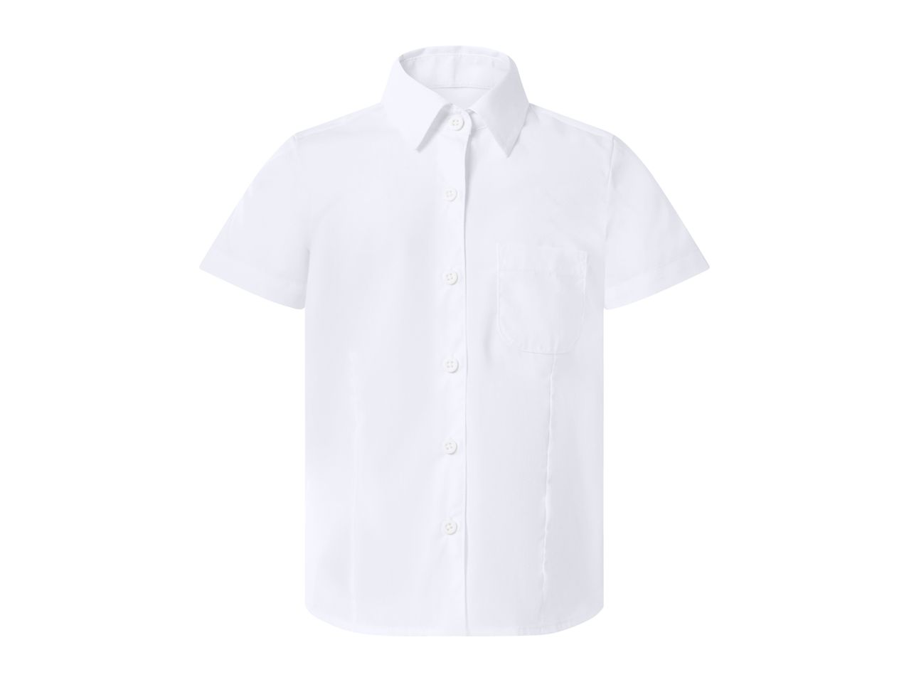 White short-sleeved button-up shirt with a collar and a chest pocket.