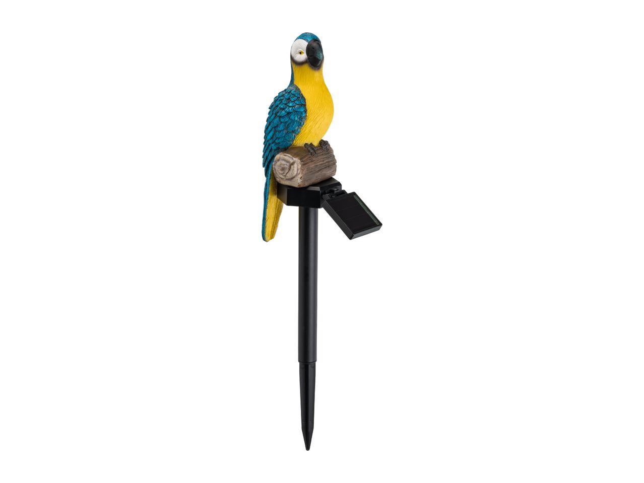 Solar-powered garden stake light in the shape of a blue and yellow parrot perched on a log.
