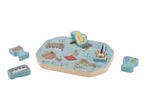 Wooden musical instrument puzzle with saxophone, guitar, keyboard, drum, and maracas pieces.