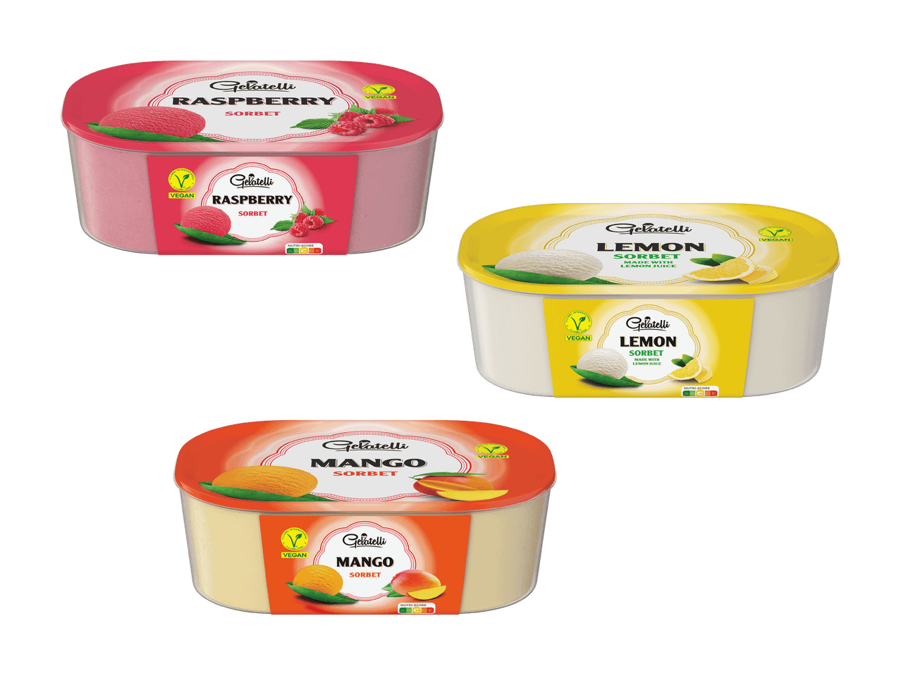 Drei vegane Sorbets: Himbeere, Zitrone und Mango, mit Nutri-Score.