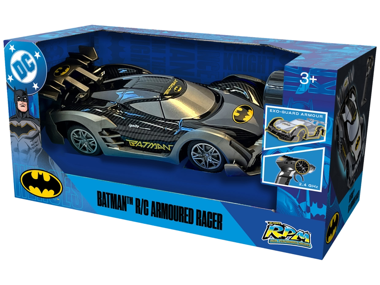 DC Batman™ R/C šarvuotas lenktyninis automobilis pakuotėje, su nuotolinio valdymo pultu ir EXO-GUARD ARMOUR.