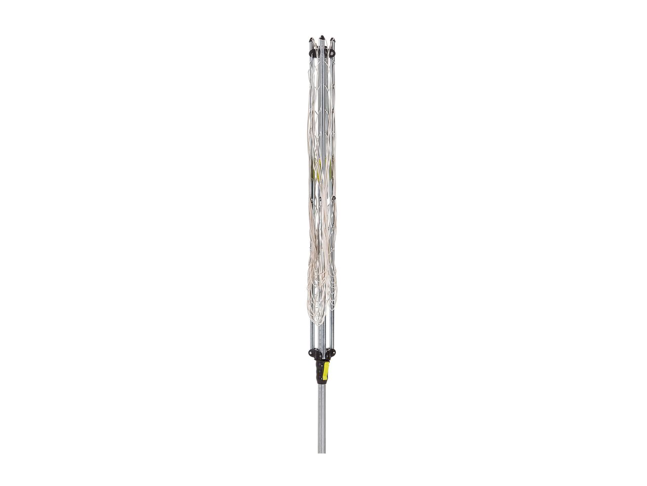 Foldable rotary clothes dryer with a grey pole and black and yellow handle