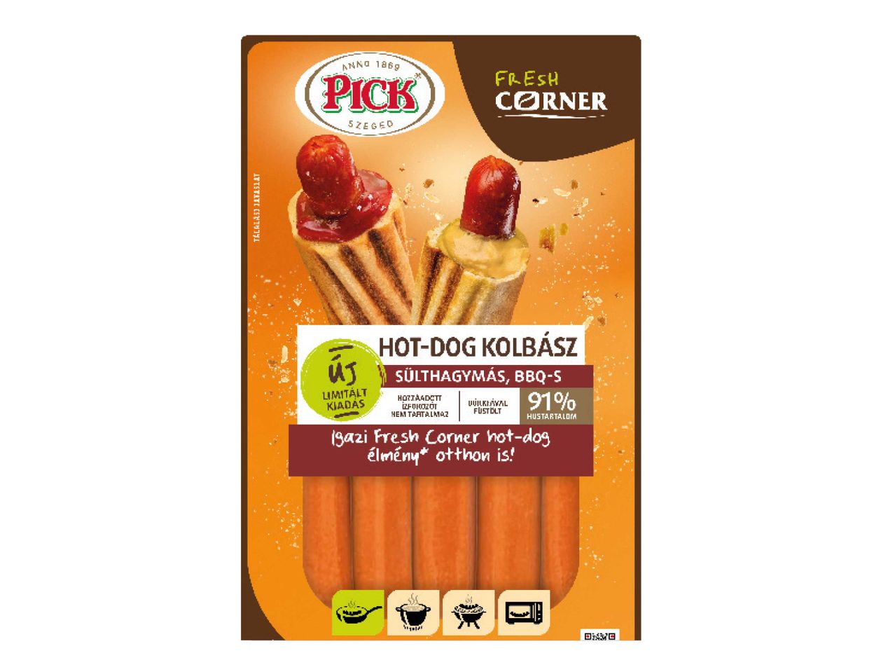 Pick Szeged Fresh Corner hot-dog kolbász, BBQ-s ízesítéssel.