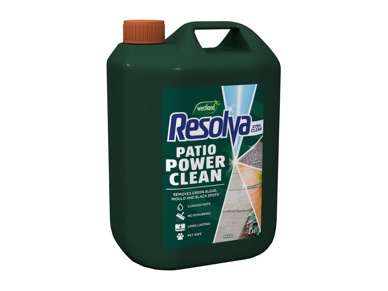 Patio power cleaner for removing green algae, mould, and black spots, suitable for paving and decking.