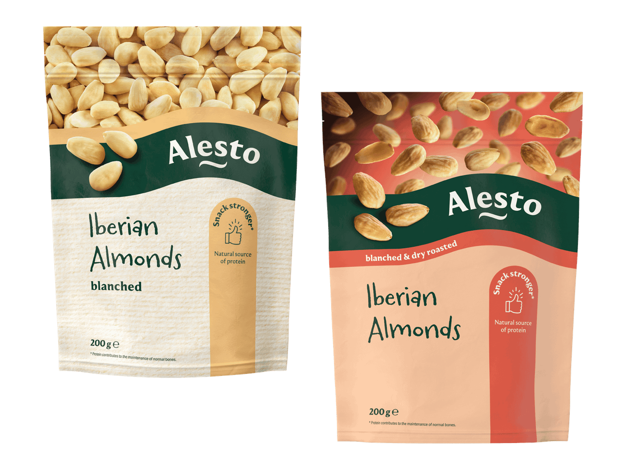Kaksi pakkausta iberialaisia manteleita: toinen kuorittuja ja toinen kuorittuja ja kuivapaahdettuja.