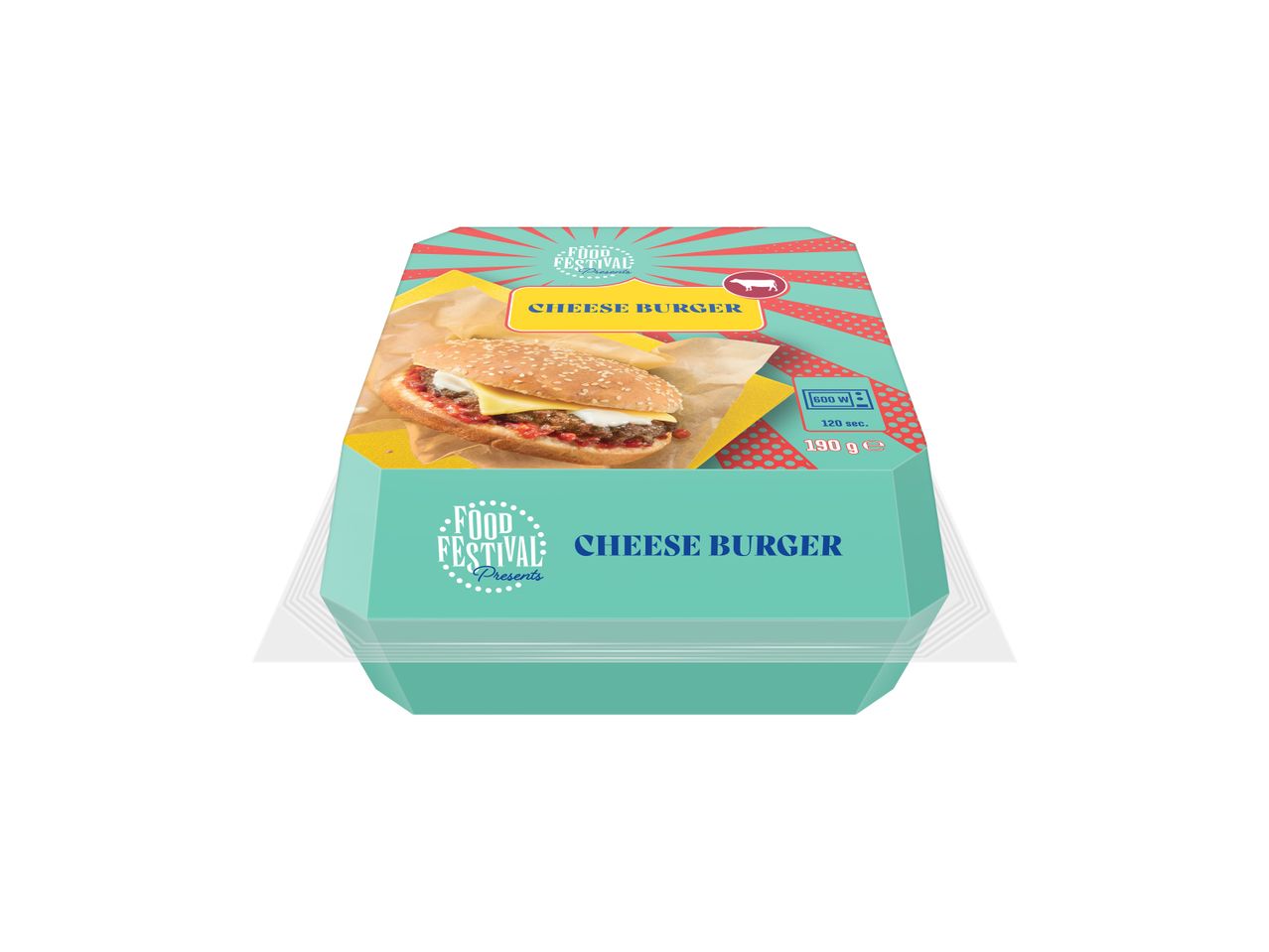 Опаковка за чийзбургер с надпис „FOOD FESTIVAL Presents CHEESE BURGER“ и инструкции за микровълнова печка.