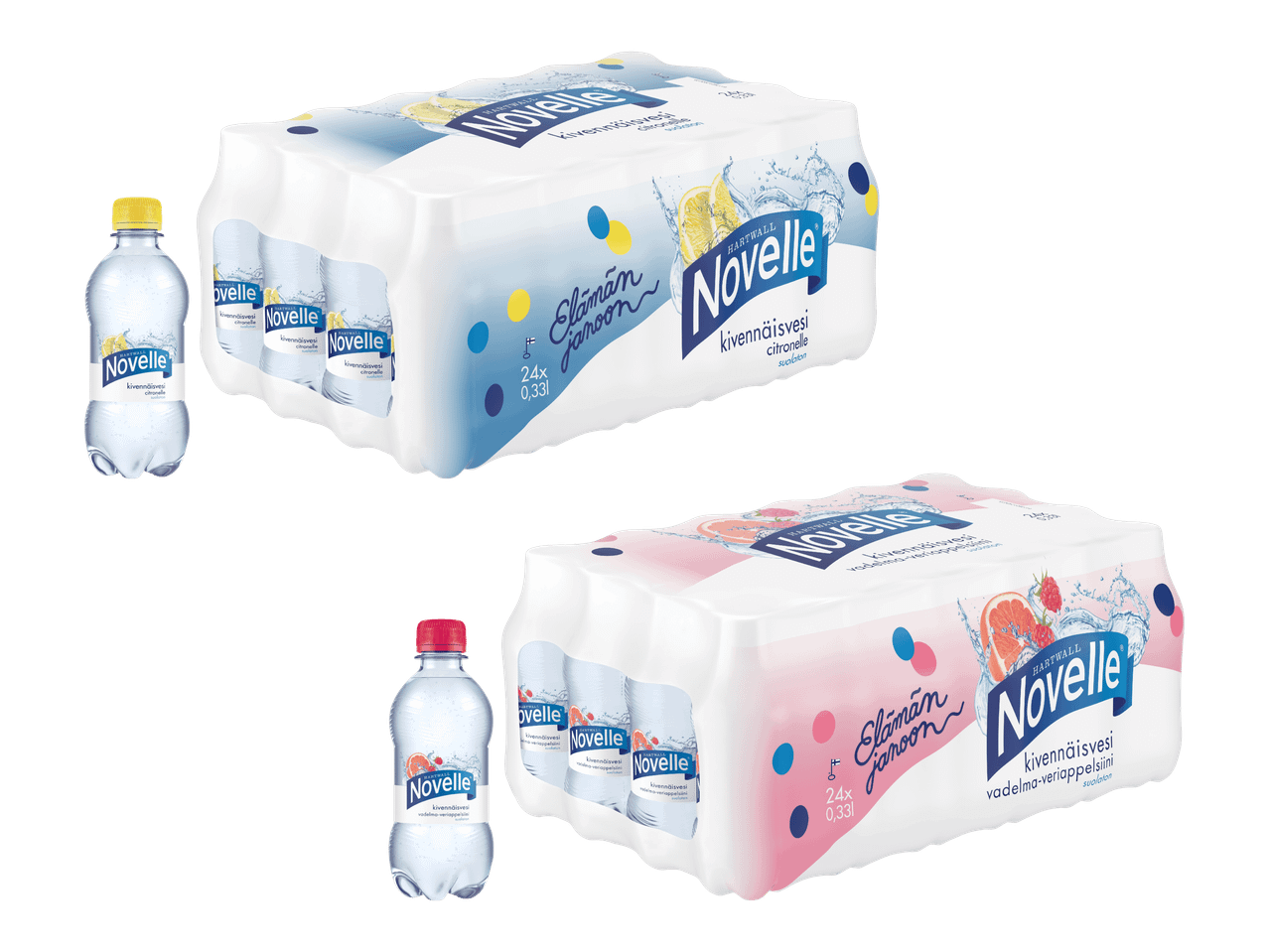 Kaksi pakkausta sitruunan ja vadelma-veriappelsiinin makuista kivennäisvettä.
