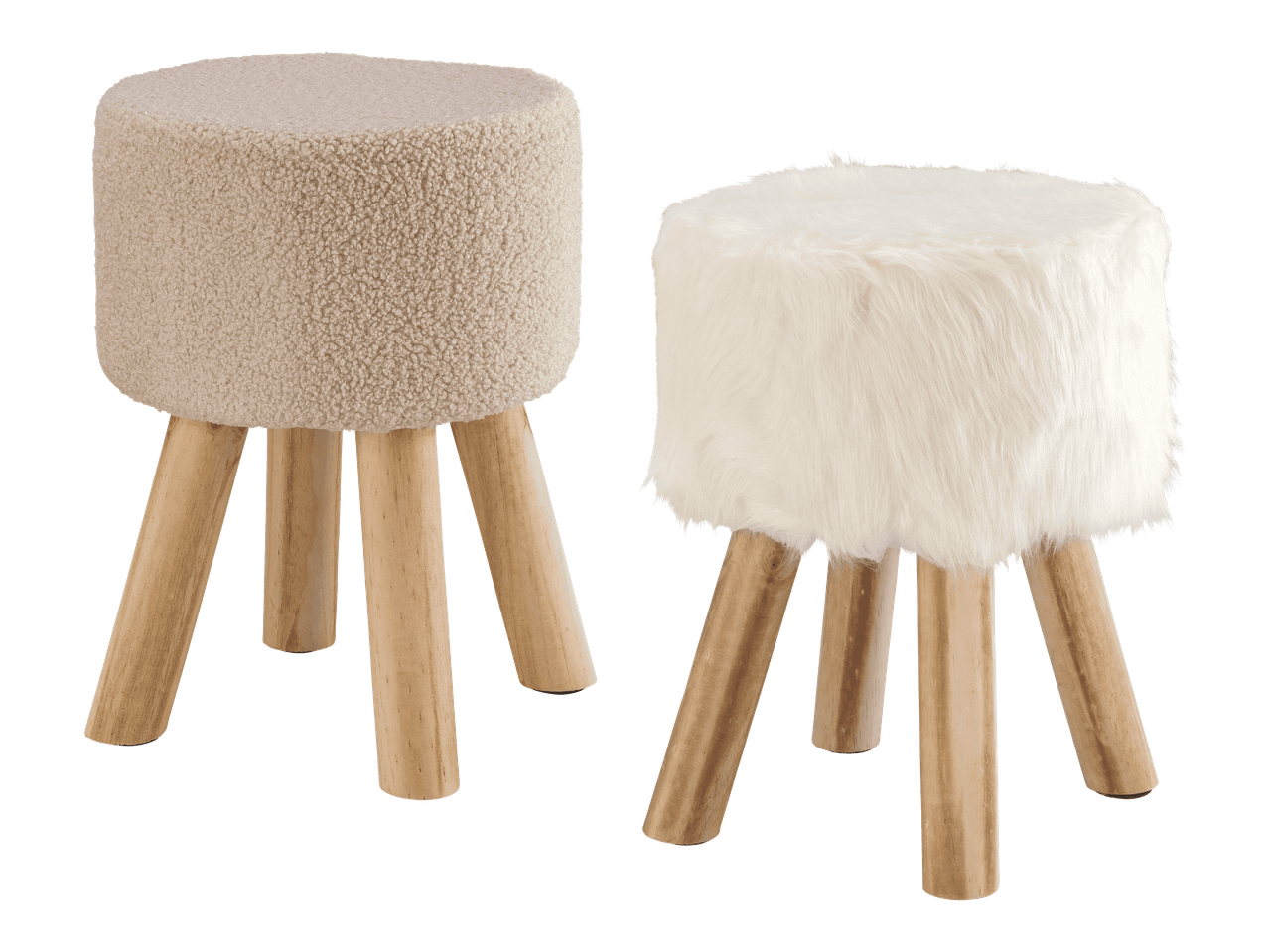 Kaksi pörröistä jakkaraa, toinen beigenvärinen ja toinen valkoinen, puisilla jaloilla.