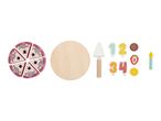 Wooden toy birthday cake with slices, serving spatula, numbers 1-4, and decorative fruit.