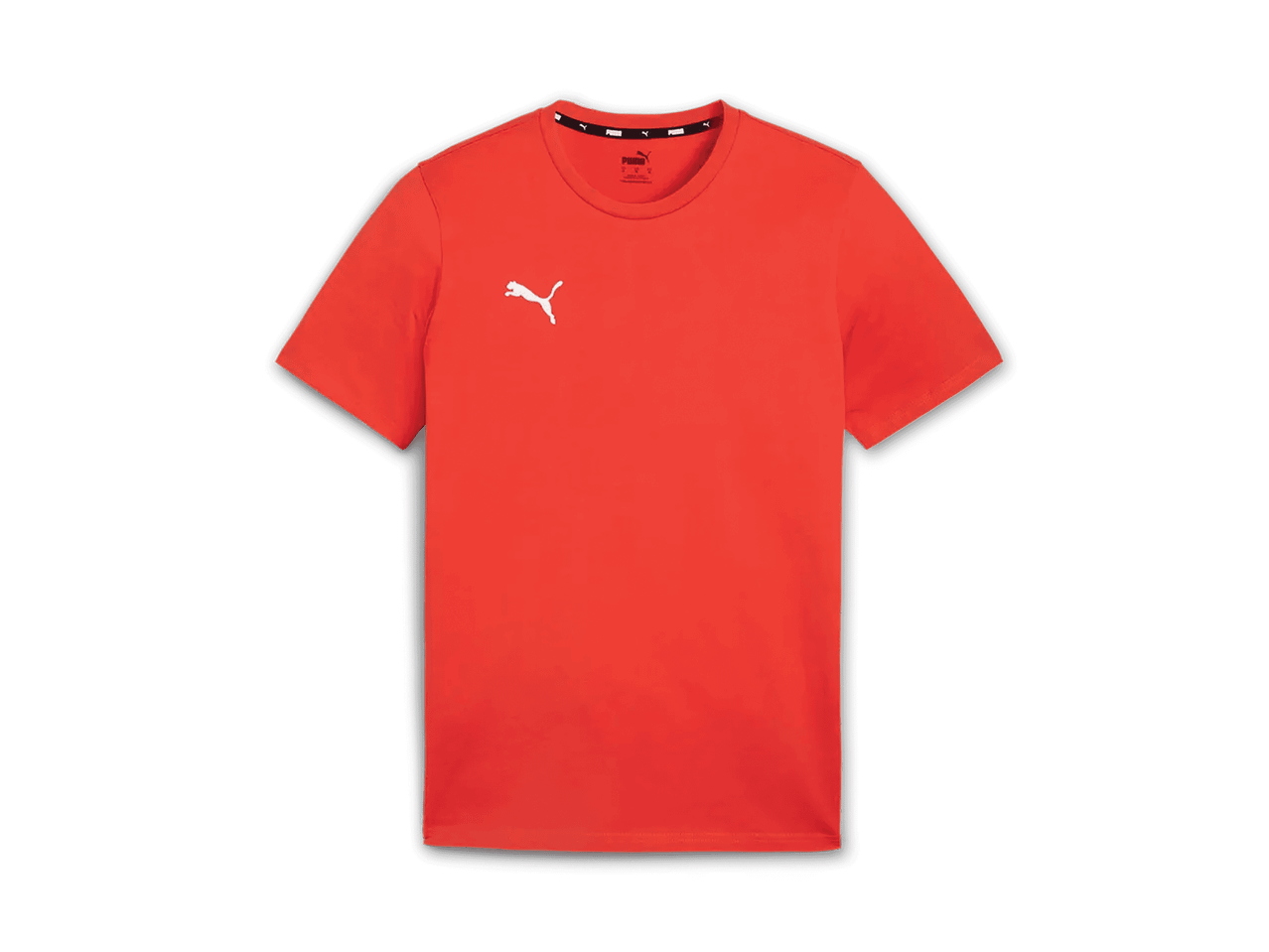 Rotes T-Shirt mit weißem Logo auf der Brust und Etikett am Kragen.