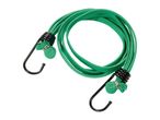 Green bungee cords with metal hooks.