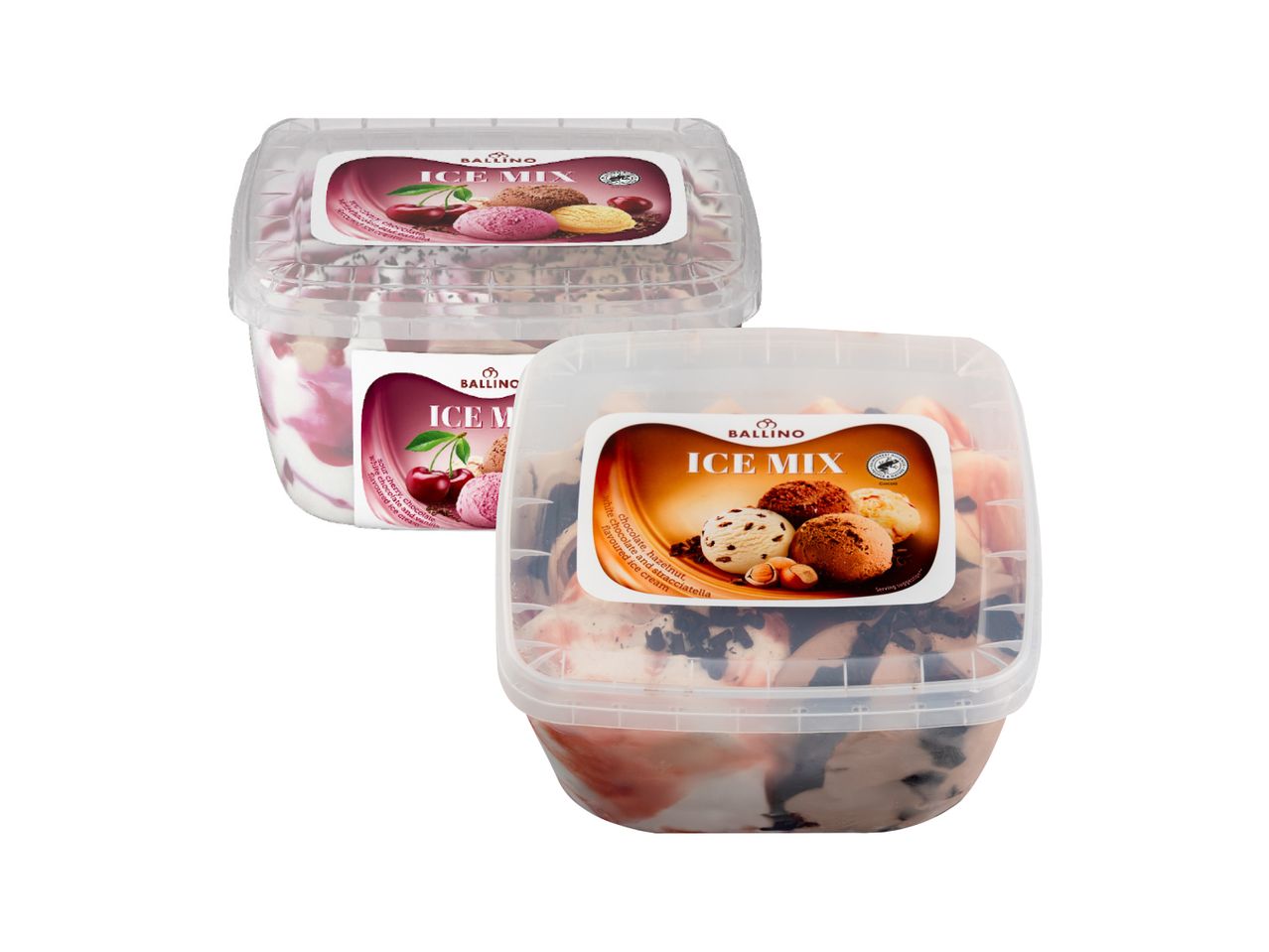 Dve providne plastične posude Ballino Ice Mix sladoleda, jedna sa ukusom višnje, čokolade i vanile, a druga sa ukusom čokolade, lešnika i stracciatelle.