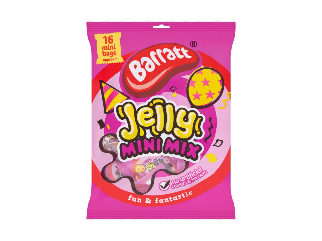 Barratt Jelly Mini Mix candy bag with 16 mini bags, no artificial colors or flavors.