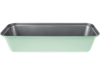 Mint green loaf pan with a grey interior.