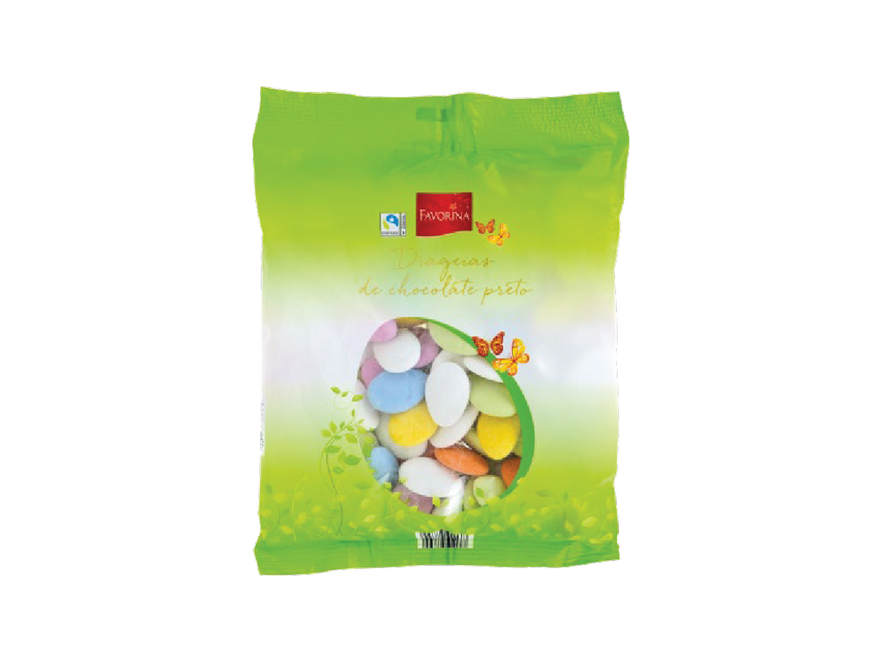 Saco verde de drageias de chocolate coloridas com borboletas e folhas.