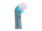 Close-up of a gray and teal electric cleaning brush head.