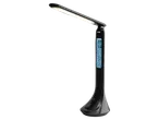 Lampă de birou neagră cu iluminare LED și ceas digital.