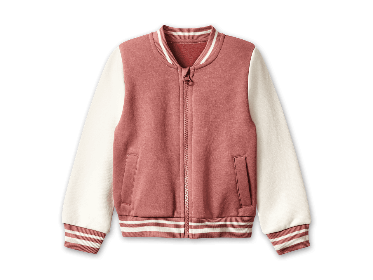 Baseballjacke in Rosa und Creme mit Streifen an Kragen, Ärmelbündchen und Saum.