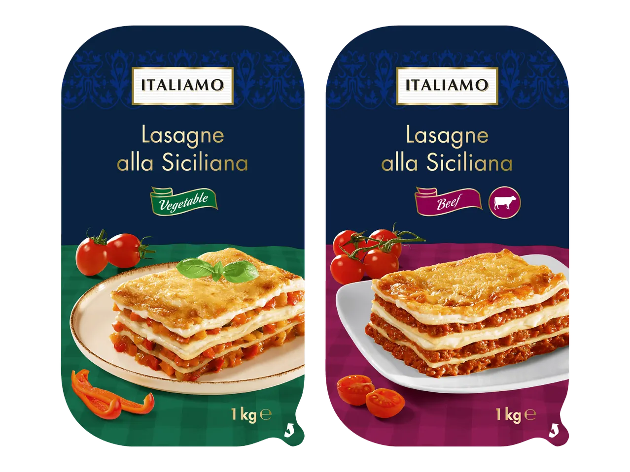 Kaksi pakkausta lasagnea: toinen kasvislasagne ja toinen lihalasagne, molemmat 1 kg.