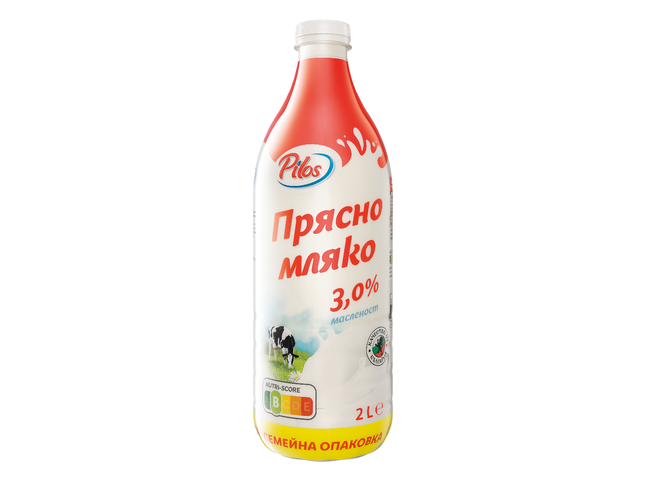 Бутилка прясно мляко с 3,0% масленост, Nutri-Score A, 2 литра, семейна опаковка.