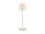 En hvid gulvlampe med en konisk skærm og en rund base, der lyser opad.