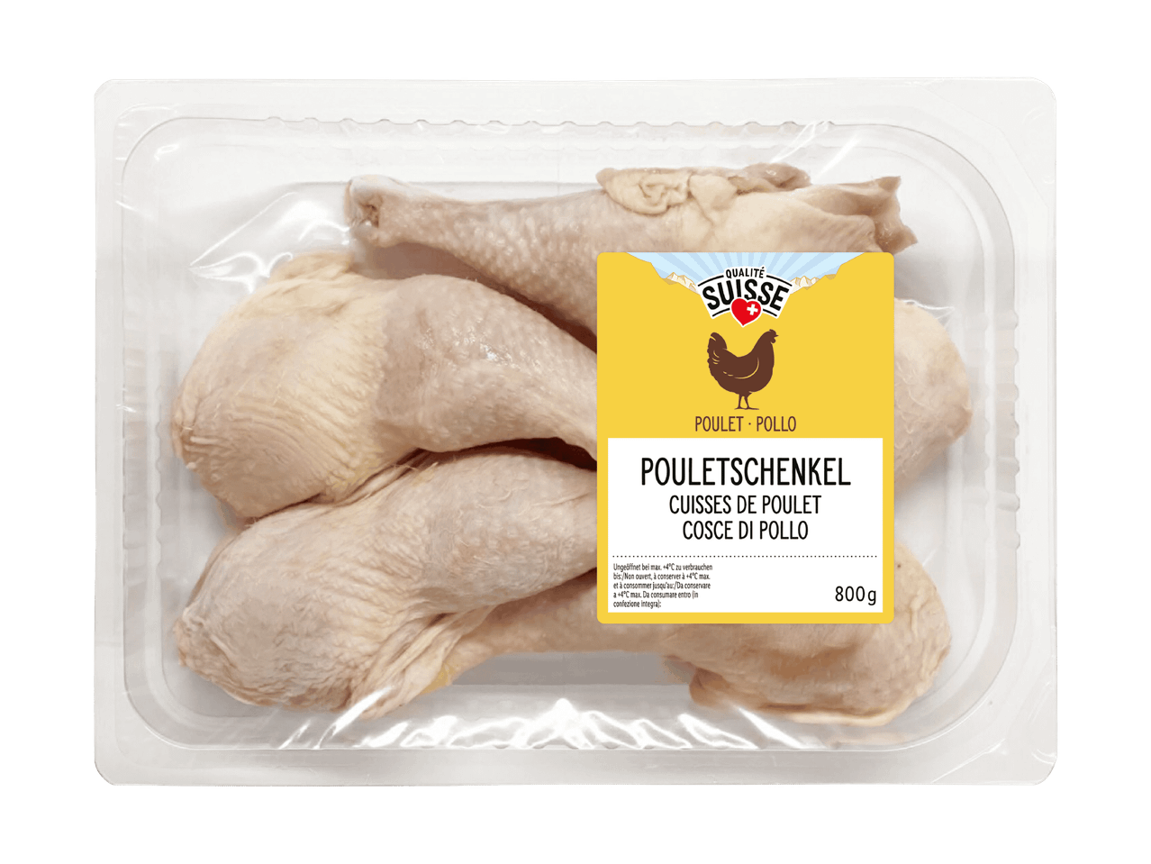 Verpackung mit Hähnchenschenkeln und gelbem Etikett