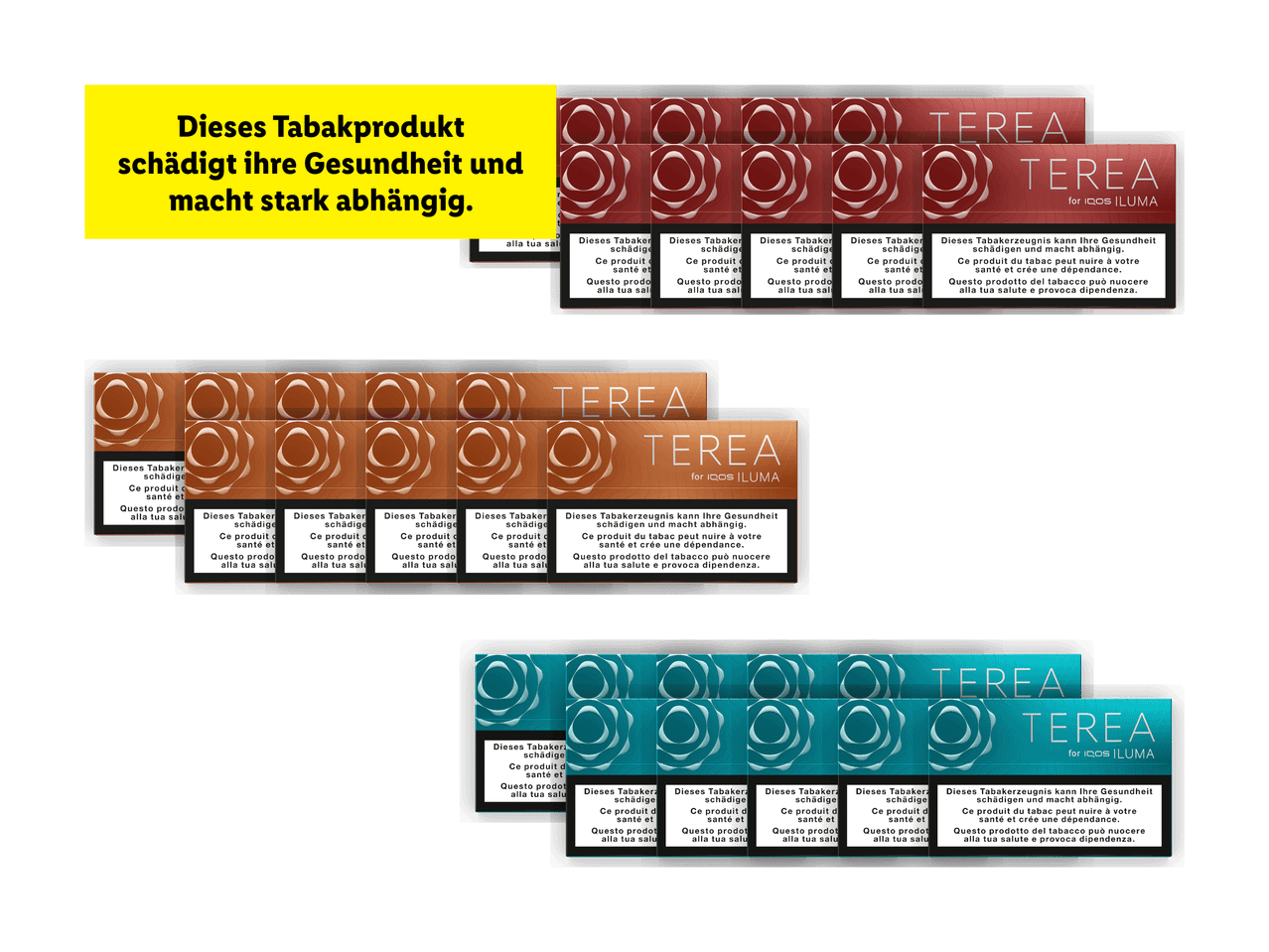 Tabakpackungen mit Gesundheitshinweisen auf German, Französisch und Italienisch.