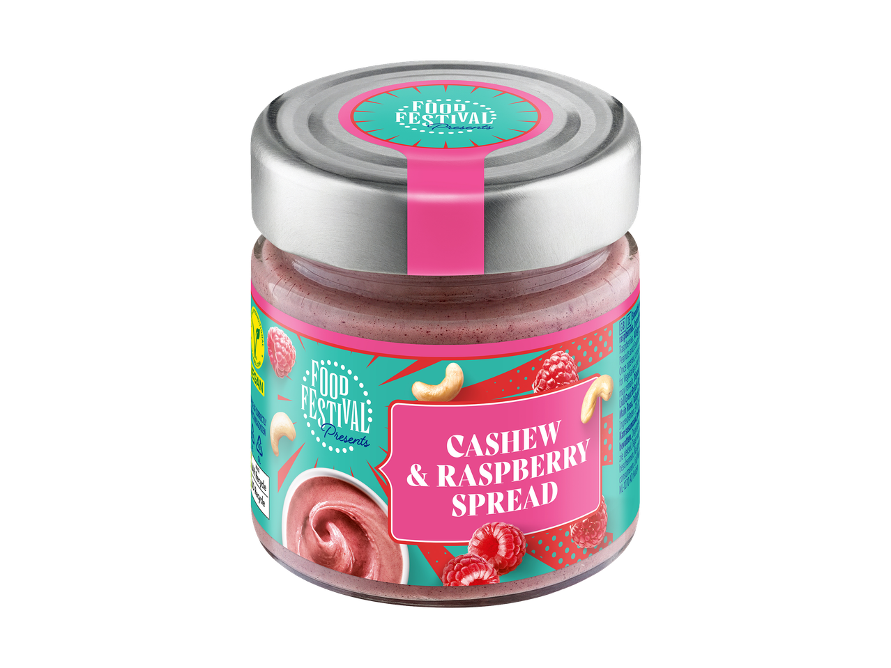 Potje cashew- en frambozenspread met een kleurrijk etiket en de tekst 'Food Festival'.